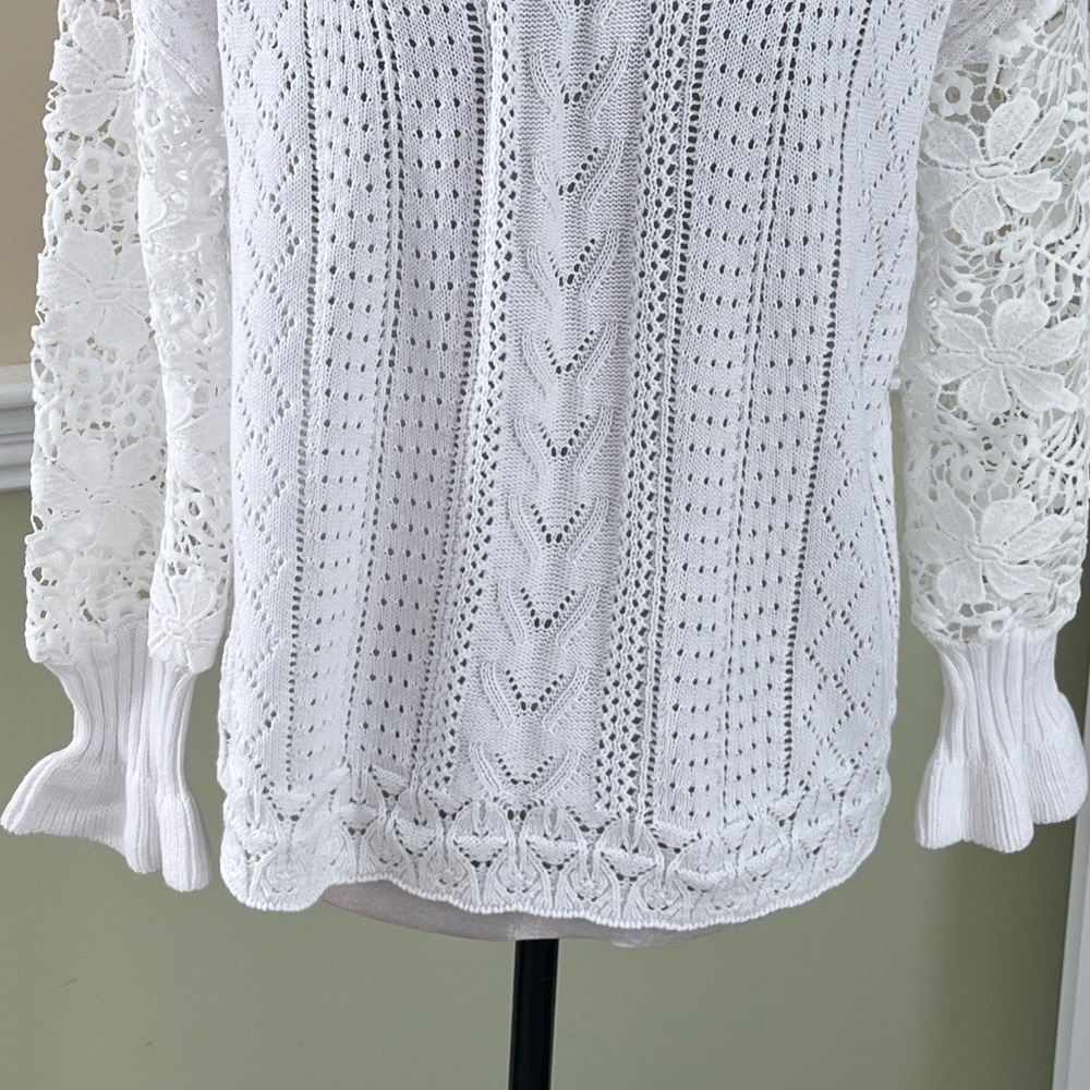 AMAZON White Crochet & Embroidery Knit Ruffled Cuff Lightweight Sweater S NWOT - Picture 7 of 9